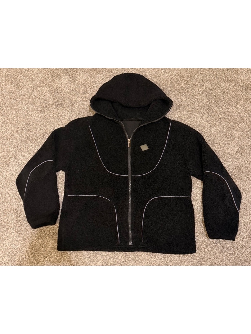 Black Sherpa Fleece Hooded Full-Zip Jacket – Size M